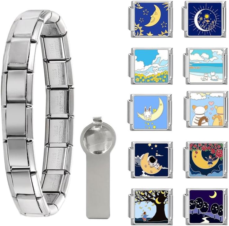 Loozykit Store أطقم أساور سحرية إيطالية مع سوار بداية 1 قطعة، 10 قطع من تعويذات الوحدة وأداة الفتح، تعويذات قابلة للإزالة من روابط الفولاذ المقاوم للصدأ، هدايا مجوهرات - Image 1